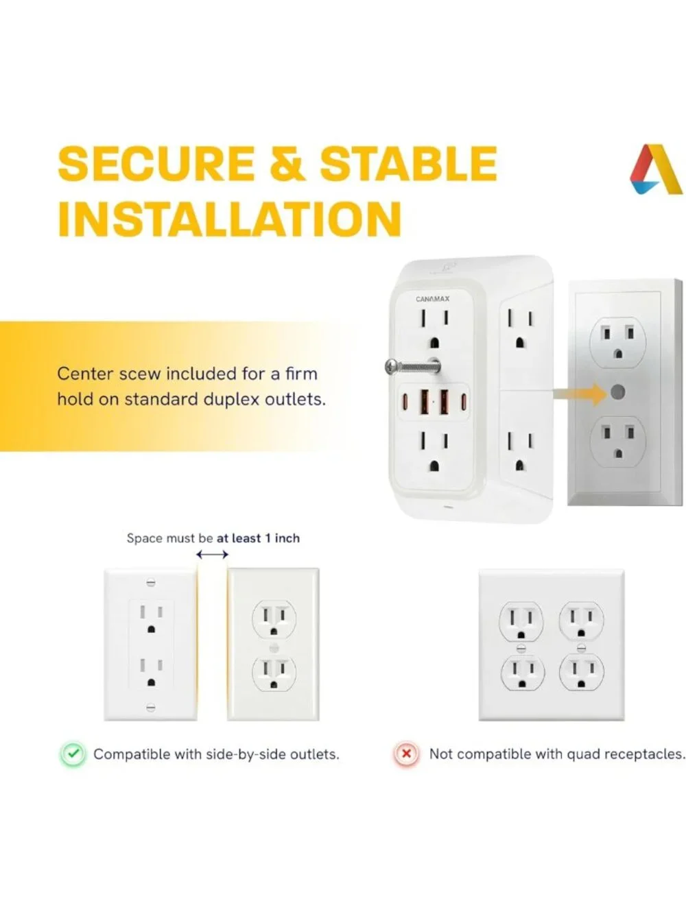 6 Outlet Wall Plug Extender with 4 USB Ports, Fast Charging, Surge Protector
